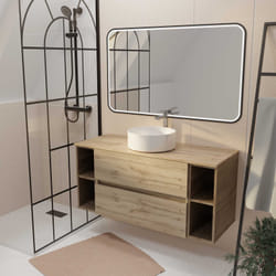 Meuble de salle de bains 120 TIMBER Décor Chêne 2 tiroirs - Vasque blanche à poser Miroir LED 100x70