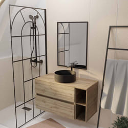 Meuble salle de bains 100 timber décor chêne tiroirs + niches - vasque noire - miroir bords noirs