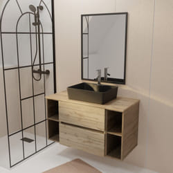 Meuble salle de bains 100 timber décor chêne 2 tiroirs vasque noire rectangulaire miroir 60x80