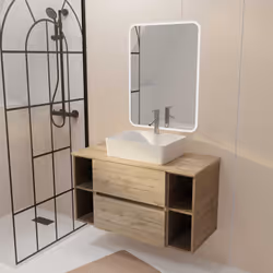 Meuble salle de bains 100 TIMBER Décor Chêne 2 Tiroirs Vasque Blanche Rectangulaire Miroir LED 60x80