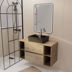 Meuble salle de bains 100 TIMBER Décor Chêne 2 Tiroirs Vasque Noire Rectangulaire Miroir LED 60x80