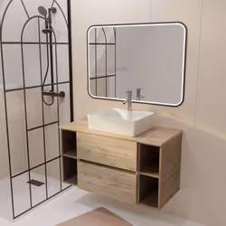 Meuble salle de bains 100 TIMBER Décor Chêne 2 Tiroirs Vasque Blanche Rectangulaire Miroir LED noir