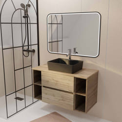 Meuble salle de bains 100 timber décor chêne 2 tiroirs vasque noire rectangulaire miroir led noir