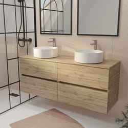 meuble de salle de bains 140 timber décor chêne - 4 tiroirs - 2 vasques rondes blanches ø36cm