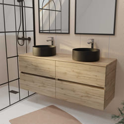 Aurlane - meuble de salle de bains 140 timber décor chêne - 4 tiroirs - 2 vasques rondes noires ø36cm