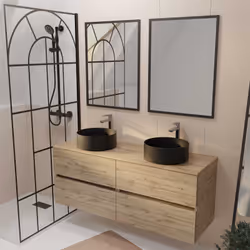 Meuble Salle de Bains 140 TIMBER Décor Chêne 4 Tiroirs - Vasques à Poser Noires - 2 Miroirs 60x80