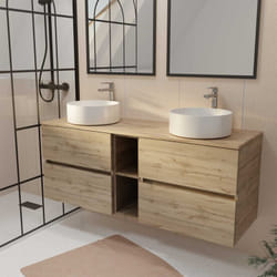 Aurlane - meuble de salle de bains 140 timber décor chêne 4 tiroirs et module - vasques blanches ø36cm