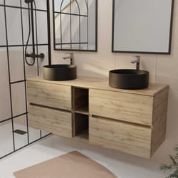 Aurlane - meuble de salle de bains 140 timber décor chêne 4 tiroirs et module - vasques noires ø36cm