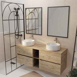 Meuble salle de bains 140 timber décor chêne 4 tiroirs et module 2 vasques blanches 2 miroirs 60x80