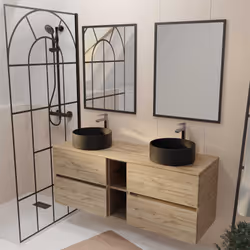 Meuble Salle de Bains 140 TIMBER Décor Chêne 4 Tiroirs et Module 2 Vasques Noires 2 Miroirs 60x80