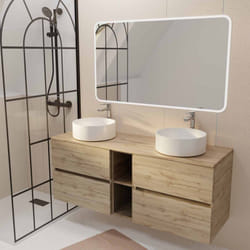 Meuble salle de bains 140 timber décor chêne 4 tiroirs et module vasques blanches miroir led 120x70