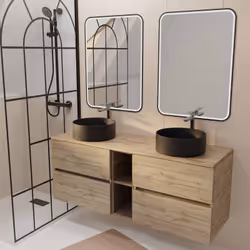 Meuble Salle de Bains 140 TIMBER Décor Chêne 4 Tiroirs et Module Vasques Noires Miroirs LED 60x80