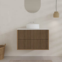 Aurlane - meuble salle de bains yuki 60 2 tiroirs décor chêne et noir cranté - plan et vasque blanche