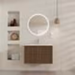 Meuble Salle de Bains YUKI 60 - 2 Tiroirs Décor Chêne et Noir - Vasque Blanche - Miroir LED Ø60