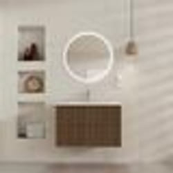 Meuble Salle de Bains YUKI 60 - 2 Tiroirs Décor Chêne et Noir - Vasque Blanche - Miroir LED Ø60