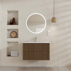 Aurlane - meuble salle de bains yuki 80 - 2 tiroirs décor chêne et noir - vasque blanche - miroir led ø70
