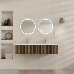 Aurlane - meuble salle de bains yuki 120 - 2 tiroirs décor chêne et noir - vasque blanche - miroirs led ø50