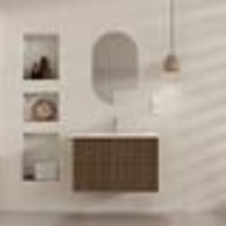 Meuble Salle de Bains YUKI 60 2 Tiroirs Décor Chêne et Noir - Vasque Blanche - Miroir Ovale 50x80