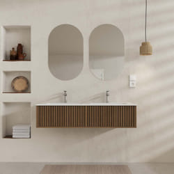 Aurlane - meuble salle de bains yuki 120 2 tiroirs décor chêne et noir - vasque blanche - miroirs ovales 50x80