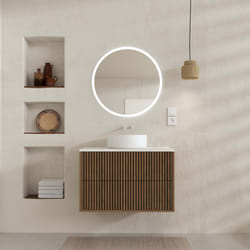 Aurlane - meuble salle de bains 80 2 tiroirs décor chêne et noir - vasque et plan blancs - miroir led ø70