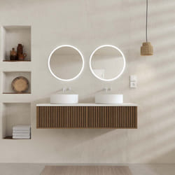 Aurlane - meuble salle de bains 120 2 tiroirs décor chêne et noir - vasques et plan blancs - miroirs led ø50