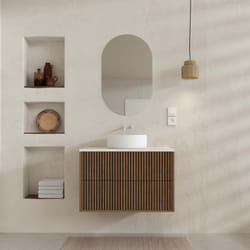 meuble salle de bains 80 2 tiroirs décor chêne et noir - vasque et plan blancs - miroir ovale