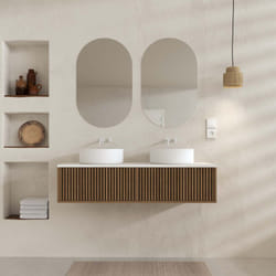 Aurlane - meuble salle de bains 120 2 tiroirs décor chêne et noir - vasques et plan blancs - miroirs ovales