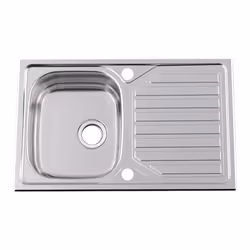 Evier inox 1 bac + 1 égouttoir, réversible. Vidage automatique. Pré percés Livré avec siphons, bondes Ø90, coupelles inox ram ...