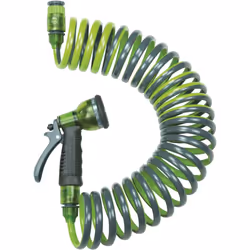 DESCRIPTION GÉNÉRALE Tuyau d'arrosage spirale avec pistolet multijets. SPÉCIFICATIONS TECHNIQUES Tuyau extensible Pistolet mu ...