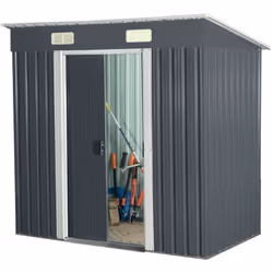 DESCRIPTION GÉNÉRALE Abri de jardin en acier galvanisé, coloris gris anthracite, avec une surface de stockage d'environ 2,4 m ...