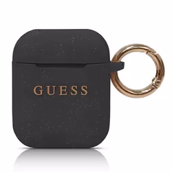 Etui Silicone Noir - GUESS - Apple Airpods - Logo Doré - Mousqueton Pratique - Souple