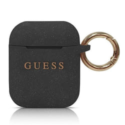 Etui Silicone Noir - GUESS - Apple Airpods - Logo Doré - Mousqueton Pratique - Souple