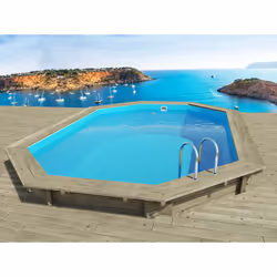 Kit piscine bois du Nord octogonale allongée - 4.86 x 3.36 x 1.20 m - Pin traité autoclave classe 4 FSC - 45mm - Liner Bleu p ...