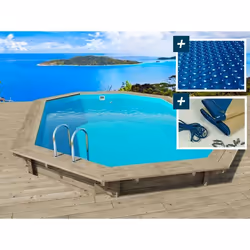 Habitat Et Jardin Piscine Bois " Rio 120 " - 5.60 X 3.70 X 1.24 M + Bâche à Bulles 180 µ + Bâche Hiver 280 Gr/m²