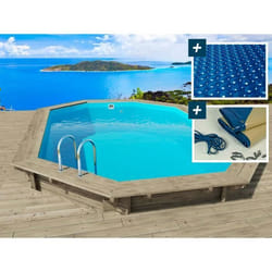 Habitat Et Jardin Piscine Bois " Rio 120 " - 5.60 X 3.70 X 1.24 M + Bâche à Bulles 180 µ + Bâche Hiver 280 Gr/m²