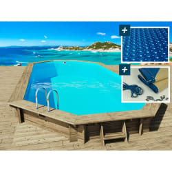 Habitat Et Jardin Piscine Bois " Palma 130 " - 7.57 X 4.07 X 1.31 M + Bâche à Bulles 180 µ + Bâche Hiver 280 Gr/m²