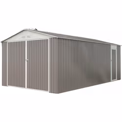 Garage en métal couleur taupe et blanc avec porte battante - Installation porte cotée à droite - Dimensions hors tout : L 5,8 ...