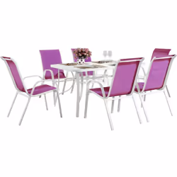 Salon de jardin en textilène "Cordoba" - 1 table + 6 fauteuils - 150 x 90 x 72 cm - Couleur: Fuschia/Blanc Salon de jardin en ...
