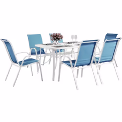 Salon de jardin en textilène "Cordoba" - 1 table + 6 fauteuils - 150 x 90 x 72 cm - Couleur: Bleu/Blanc : Salon repas de jard ...
