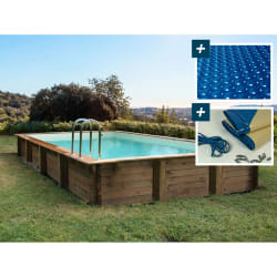Piscine bois en kit rectangle Murano - 12.20 x 6.20 x 1.44 m - Bâche à bulles 400 µ - Bâche hiver 280 g/m²