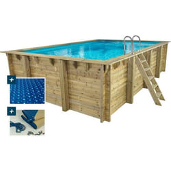 Habitat Et Jardin Piscine Bois Rectangle " Panama "- 6.20 X 4.10 X 1.45 M + Bâche à Bulles 180 µ - Bâche Hiver 280 G/m² +