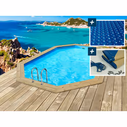 Kit piscine bois du Nord hors sol octogonale allongée - 6.53 x 4.41 x 1.45 m - Pin traité autoclave classe 4 FSC - Liner 75/1 ...