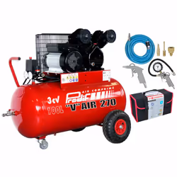 Compresseur 100L 3CV VC3051003M. - Entraînement courroie. - Monocylindre sur roues. Le + produit : - Groupe V Fonte Sa réserv ...