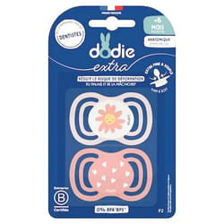 Dodie Extra 2 Sucettes Anatomiques Symmetrical + 6 Mois - Couleur : Fleur/Coeurs
