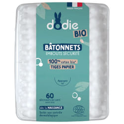 Dodie Bâtonnets Embouts Sécurité 100% Coton Bio 60 Bâtonnets