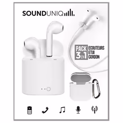 PACK 3 en 1 LEDWOOD ECOUTEURS BLUETOOTH AVEC MICRO + ETUI AVEC MOUSQUETON + CORDON BOITIER DE RECHARGE MICRO USB BLANC