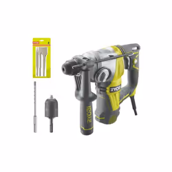 Présentation : Pack Perforateur Burineur RYOBI SDSPLUS 800W - 4 modes - RSDS800-KC - Kit 3 burins SDS+ RIOBY 1 pointe - 1 pla ...