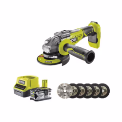 Présentation : Pack RYOBI meuleuse d'angle brushless 18V One+ R18AG7-0 - 1 batterie 18V 4.0Ah - 1 chargeur rapide RC18120-140 ...