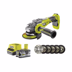 Présentation : Pack RYOBI meuleuse d'angle brushless 18V One+ R18AG7-0 - 1 batterie 18V 5.0Ah - 1 chargeur rapide - kit de 6  ...