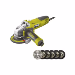 Présentation : Pack RYOBI Meuleuse d'angle 1010W 125mm RAG1010-125SF - Kit 6 disques 125 mm , pack parfait pour le travail du ...